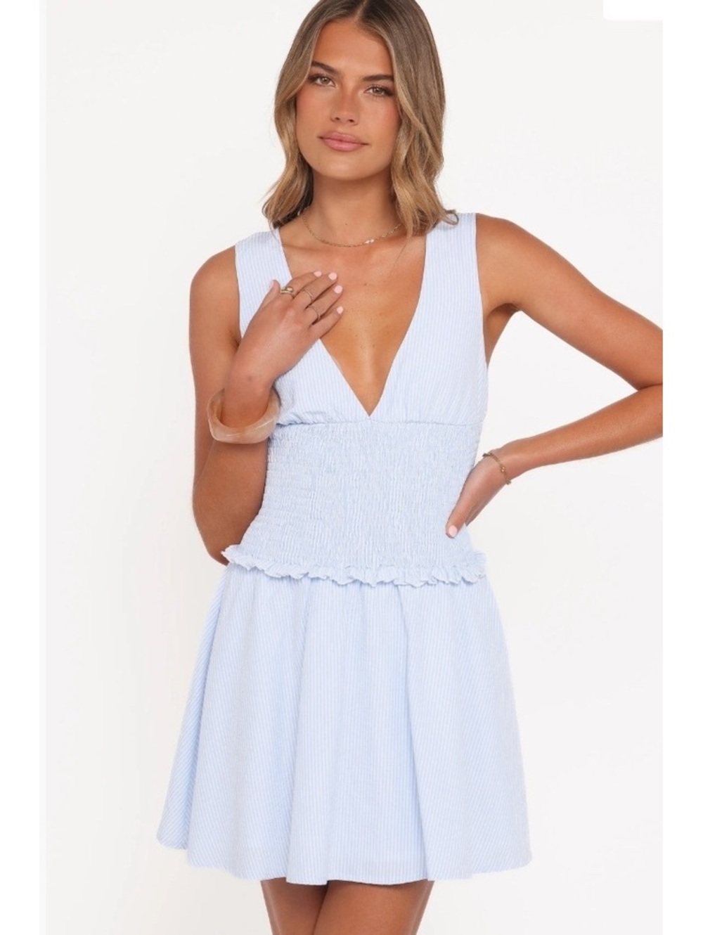 Stripe Smocked Waist Plunge Neck Minidress